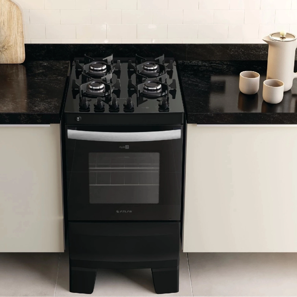 Fogão 4 Bocas Preto com Mesa de Vidro Atlas Agile Up Bivolt